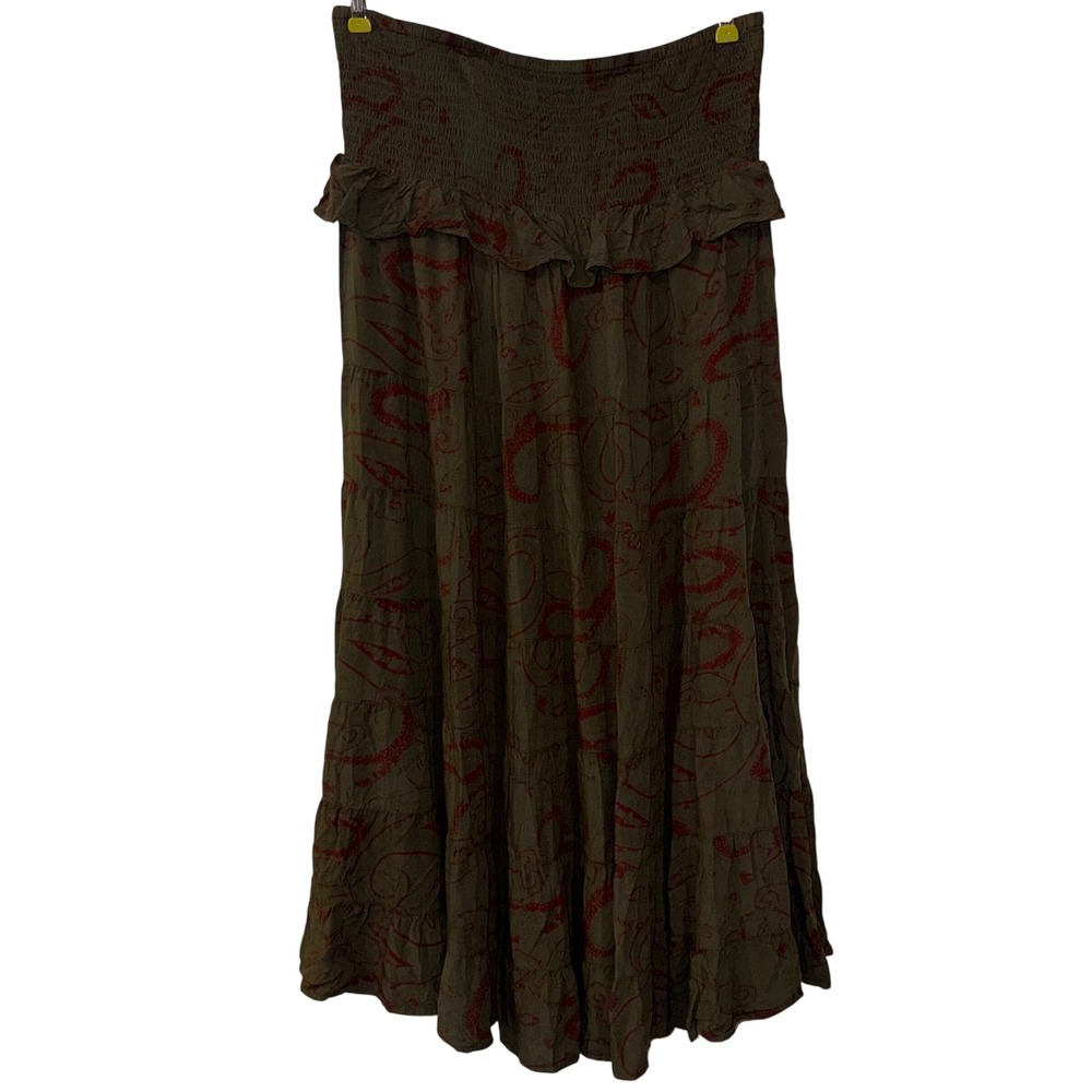 Earthbound Trading Co Olive Red Paisley Smocked Tiered Maxi Skirt Large Boho